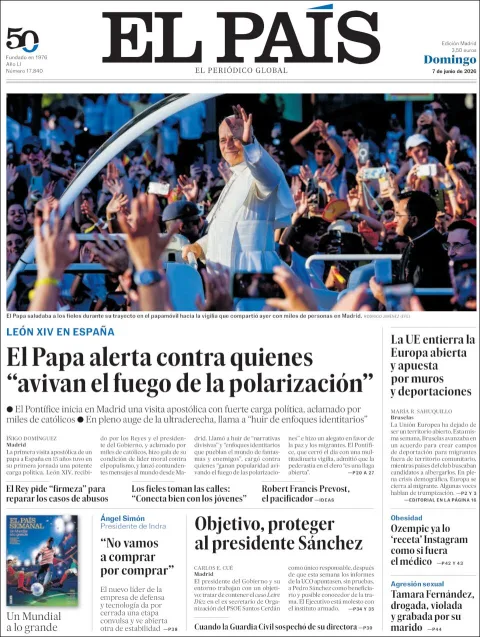 Portada de El Pais del domingo, 7 de junio de 2026