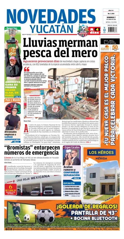 Portada de Novedades Quintana Roo del domingo, 7 de junio de 2026