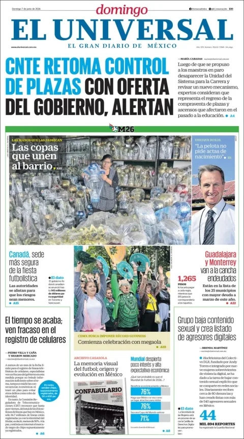 Portada de El Universal del domingo, 7 de junio de 2026