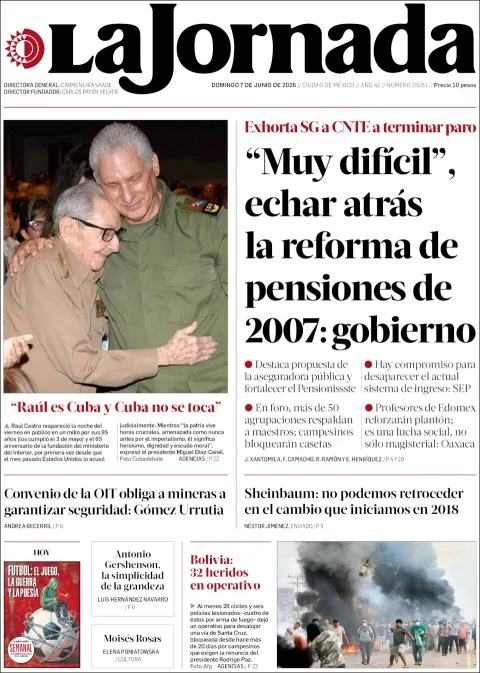 Portada de La Jornada del domingo, 7 de junio de 2026