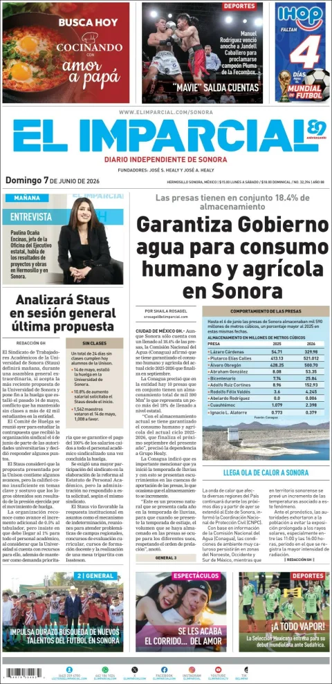 Portada de El Imparcial del domingo, 7 de junio de 2026