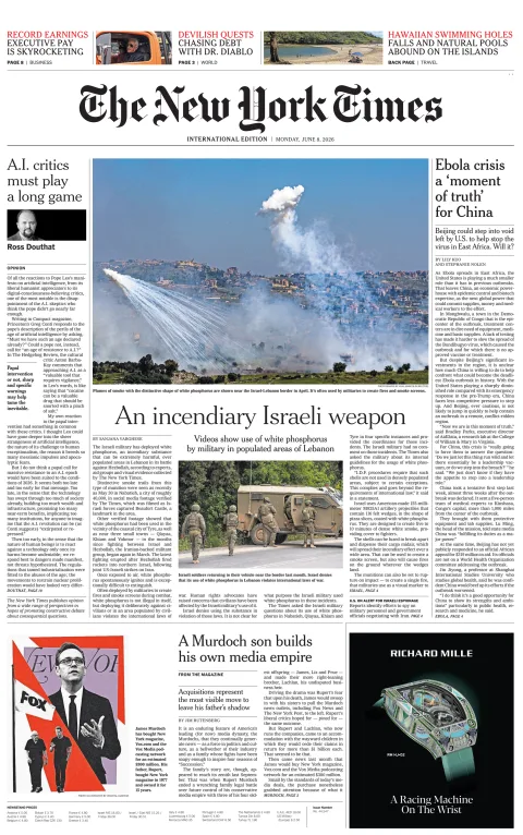 Portada de The New York Times (international) del lunes, 8 de junio de 2026