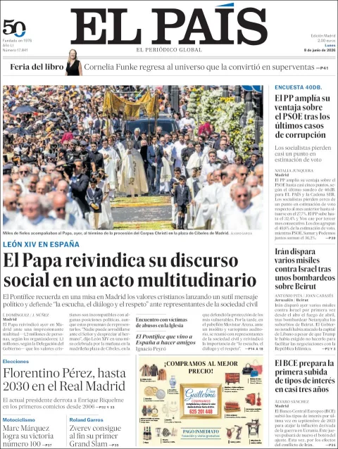 Portada de El Pais del lunes, 8 de junio de 2026