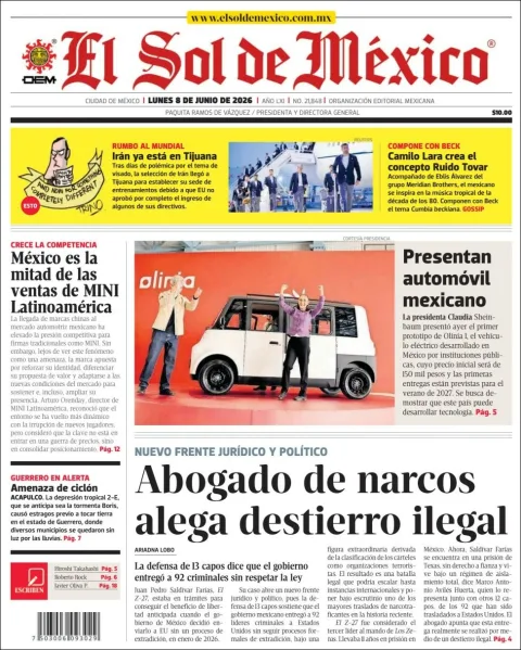 Portada de El Sol de Mexico del lunes, 8 de junio de 2026