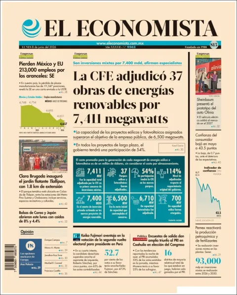 Portada de El Economista del lunes, 8 de junio de 2026