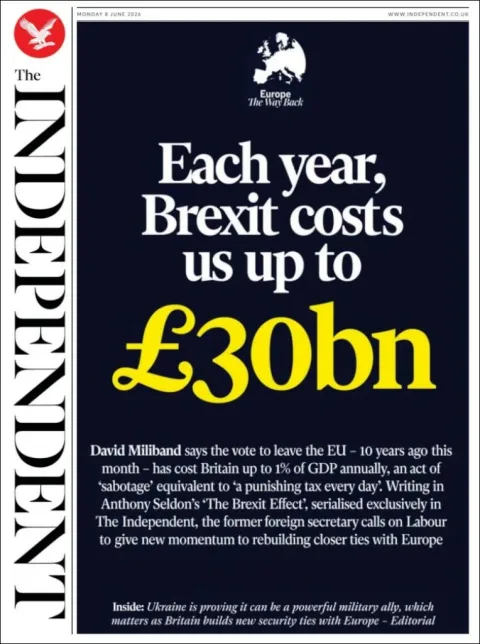 Portada de The Independent del lunes, 8 de junio de 2026