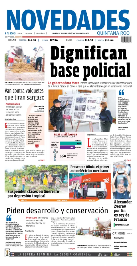 Portada de Novedades Quintana Roo del lunes, 8 de junio de 2026