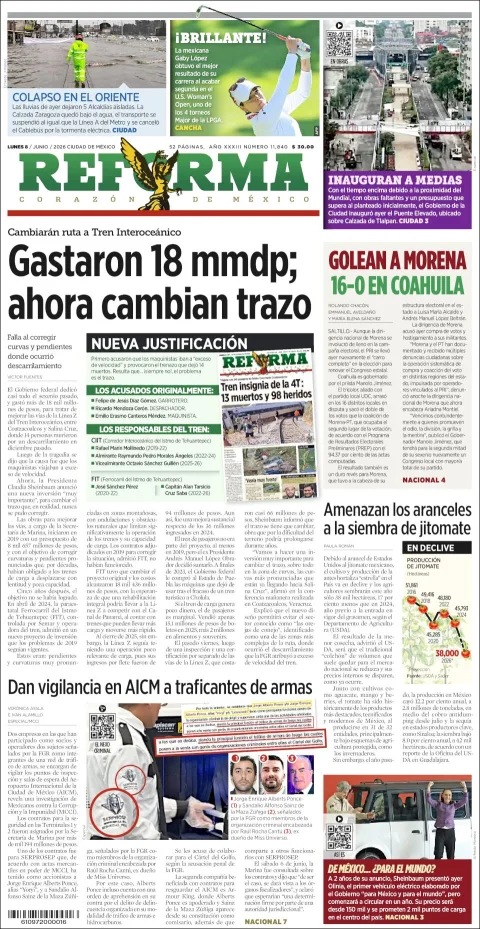 Portada de Reforma del lunes, 8 de junio de 2026