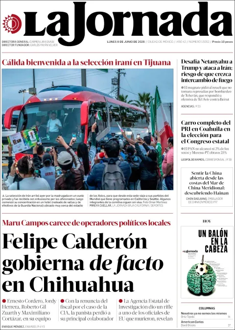 Portada de La Jornada del lunes, 8 de junio de 2026