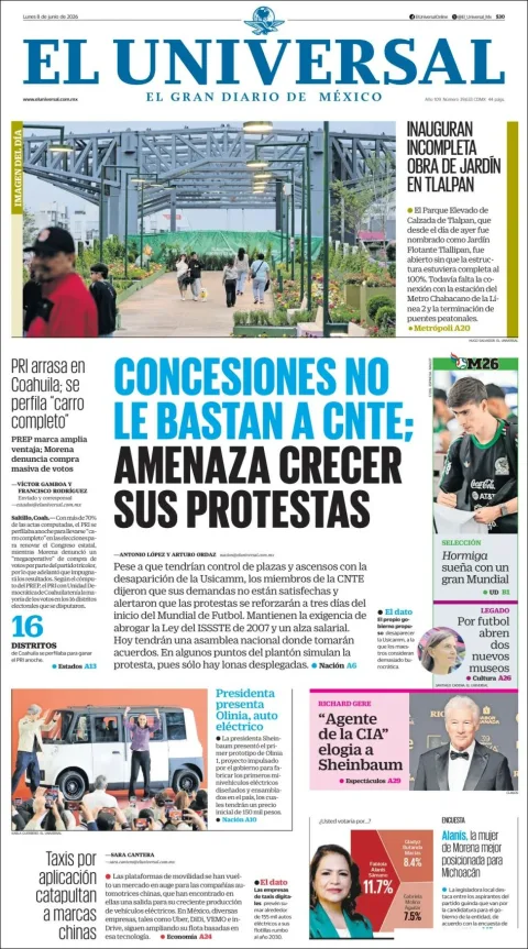 Portada de El Universal del lunes, 8 de junio de 2026
