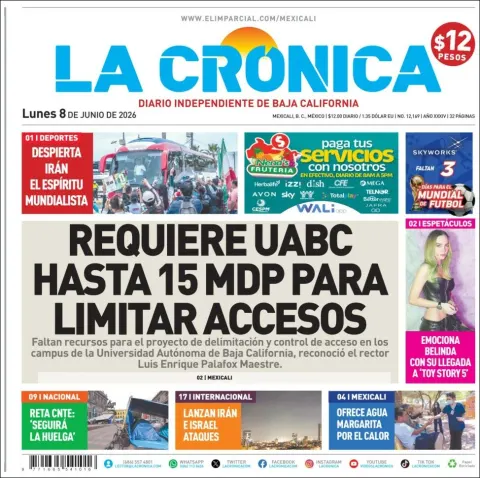 Portada de La Cronica del lunes, 8 de junio de 2026
