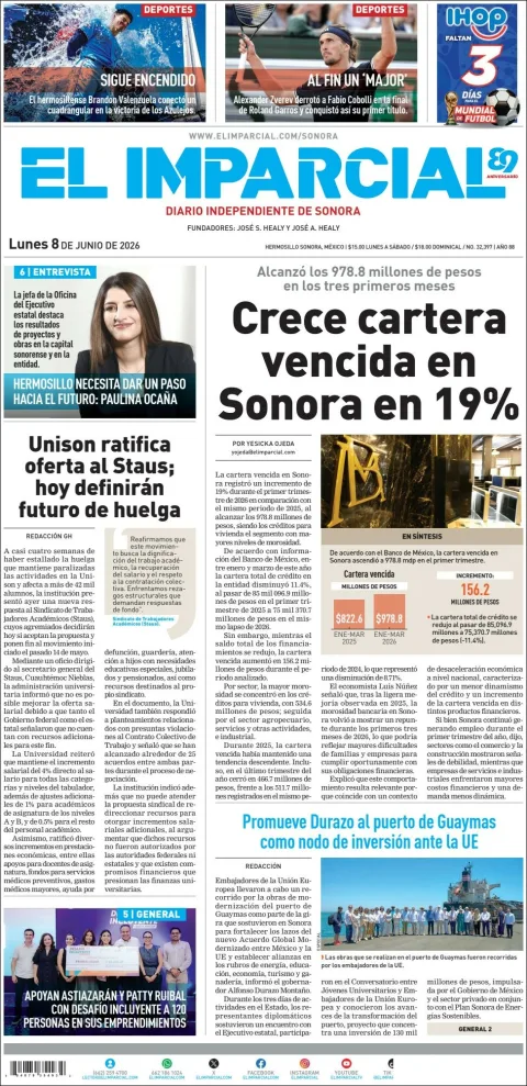 Portada de El Imparcial del lunes, 8 de junio de 2026