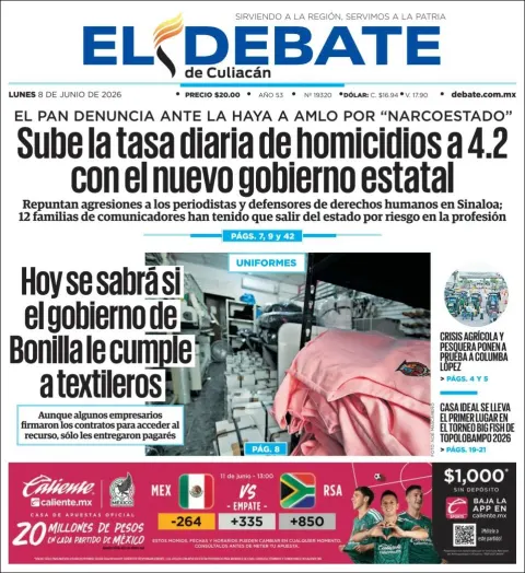 Portada de El Debate de Culiacan del lunes, 8 de junio de 2026