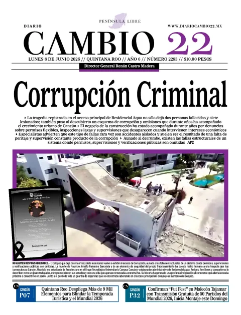 Portada de Diario Cambio 22 (portada) del lunes, 8 de junio de 2026