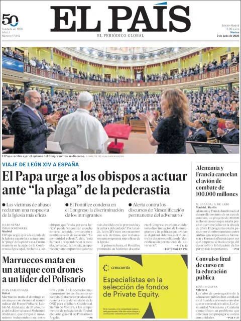 Portada de El Pais del martes, 9 de junio de 2026