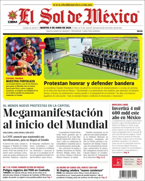 Portada de El Sol de Mexico del martes, 9 de junio de 2026