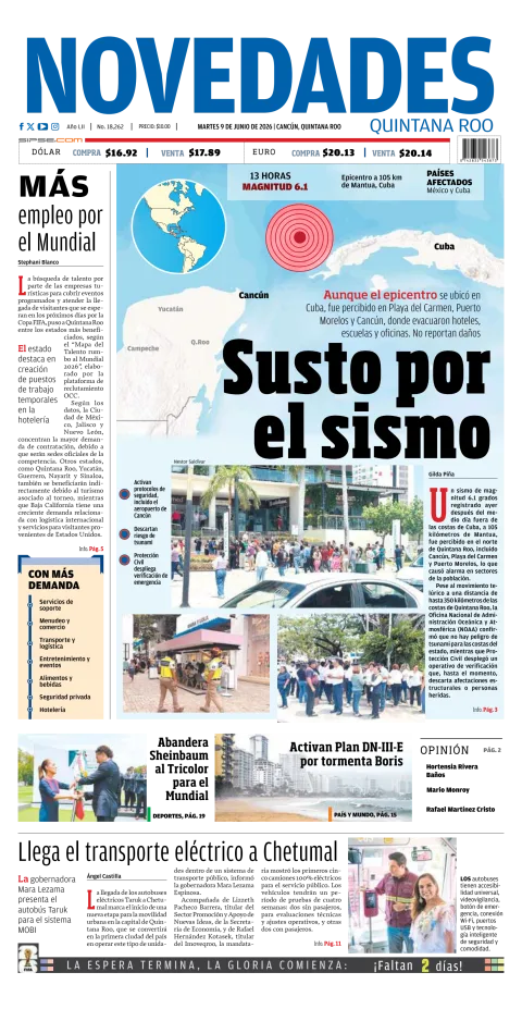 Portada de Novedades Quintana Roo del martes, 9 de junio de 2026