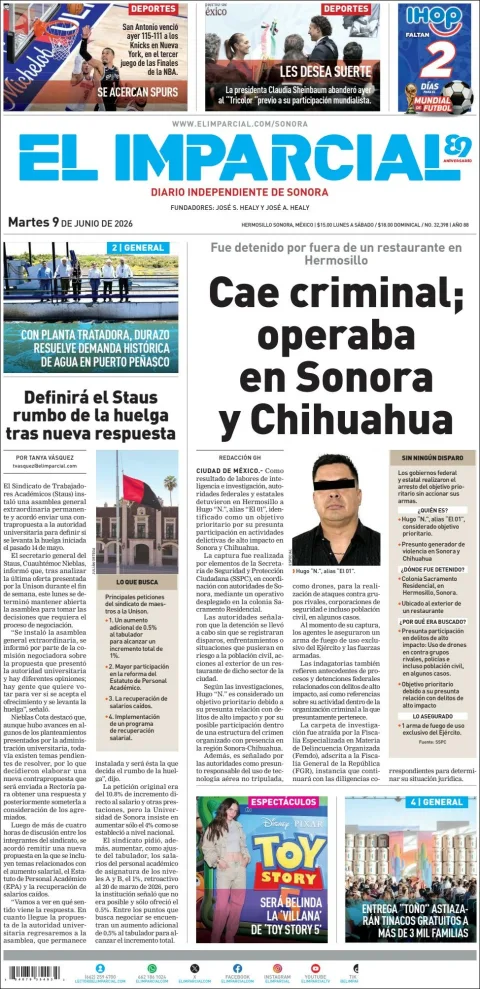 Portada de El Imparcial del martes, 9 de junio de 2026