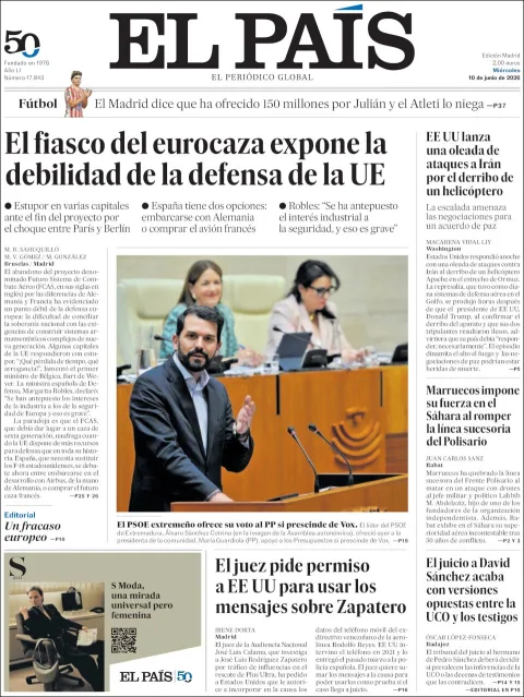 Portada de El Pais del miércoles, 10 de junio de 2026