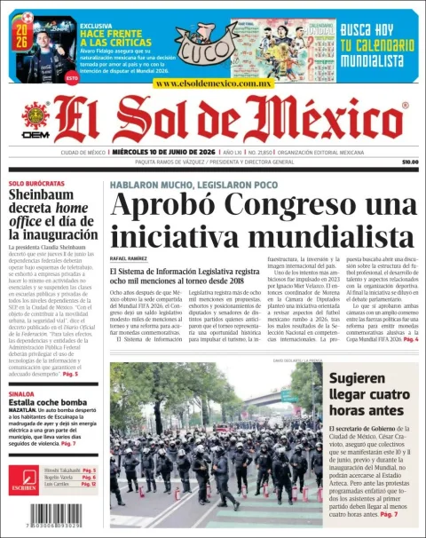 Portada de El Sol de Mexico del miércoles, 10 de junio de 2026
