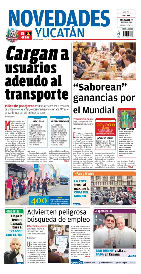 Portada de Novedades Quintana Roo del miércoles, 10 de junio de 2026