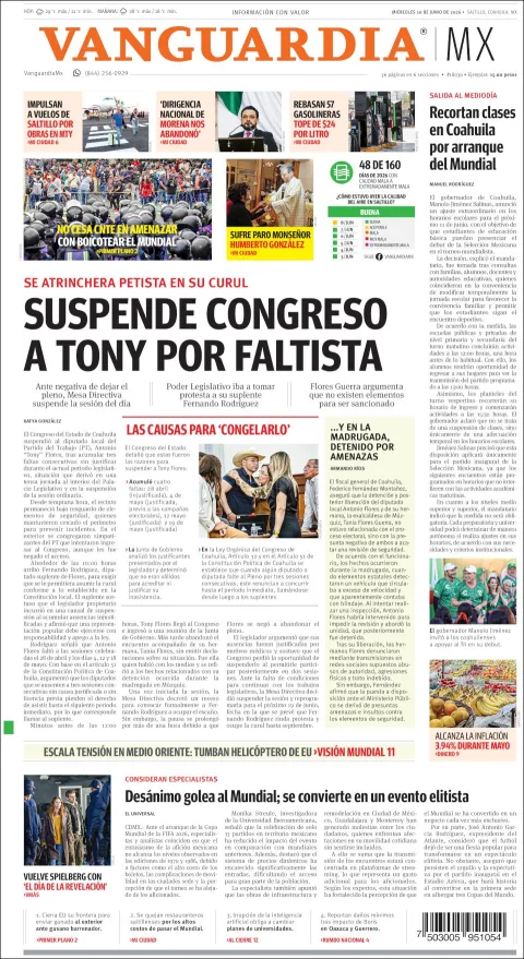 Portada de Vanguardia del miércoles, 10 de junio de 2026