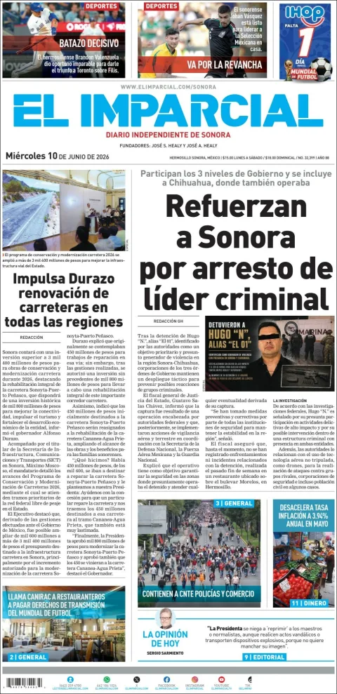 Portada de El Imparcial del miércoles, 10 de junio de 2026
