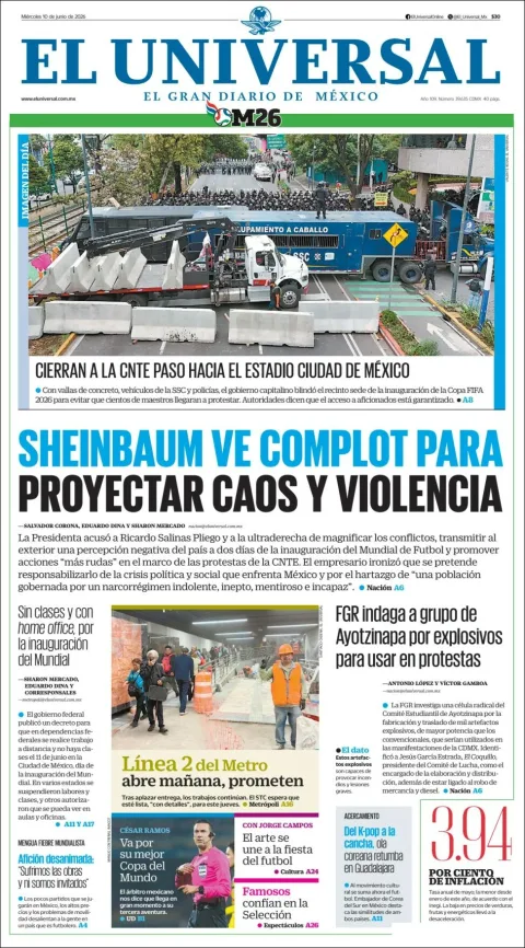 Portada de El Universal del miércoles, 10 de junio de 2026