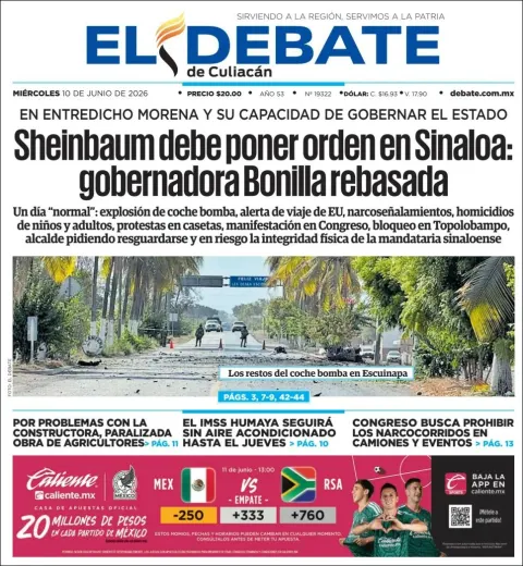 Portada de El Debate de Culiacan del miércoles, 10 de junio de 2026