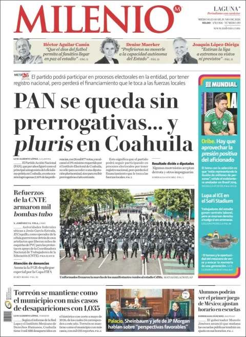 Portada de Milenio Laguna del miércoles, 10 de junio de 2026