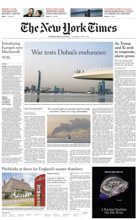 Portada de The New York Times (international) del jueves, 11 de junio de 2026