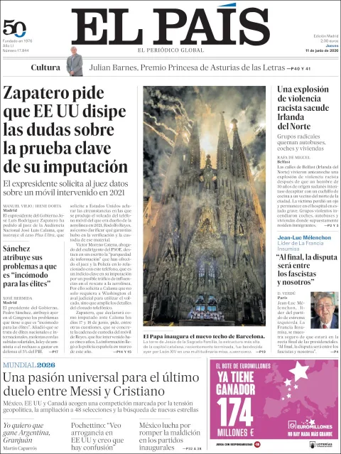 Portada de El Pais del jueves, 11 de junio de 2026