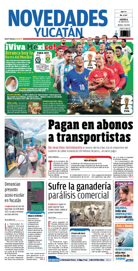 Portada de Novedades Yucatan del jueves, 11 de junio de 2026