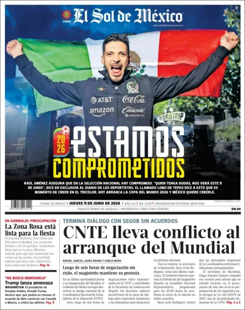 Portada de El Sol de Mexico del jueves, 11 de junio de 2026