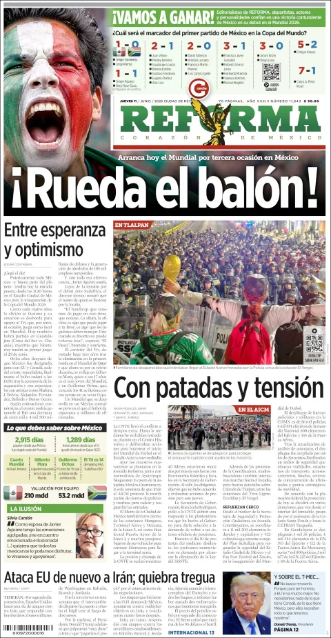 Portada de Reforma del jueves, 11 de junio de 2026