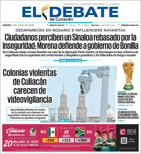 Portada de El Debate de Culiacan del jueves, 11 de junio de 2026