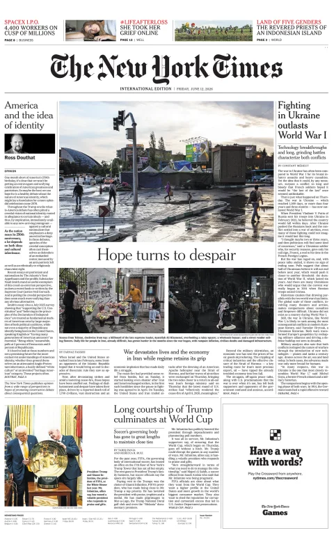 Portada de The New York Times (international) del viernes, 12 de junio de 2026