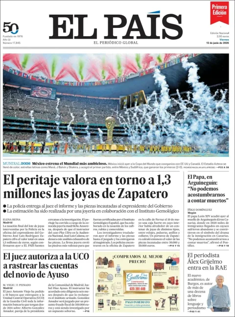 Portada de El Pais del viernes, 12 de junio de 2026