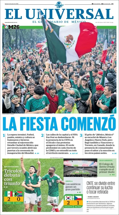 Portada de El Universal del viernes, 12 de junio de 2026