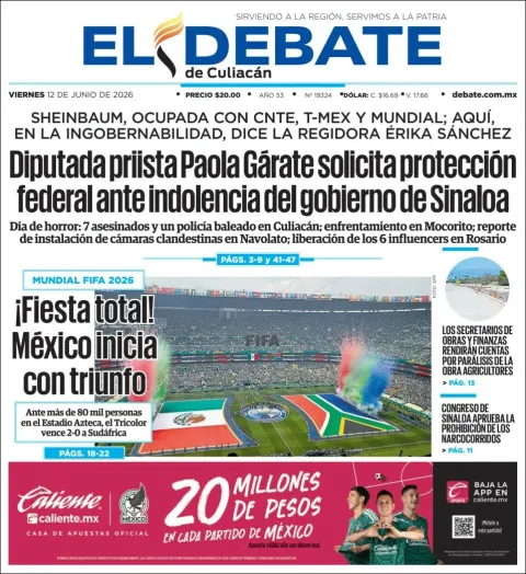 Portada de El Debate de Culiacan del viernes, 12 de junio de 2026