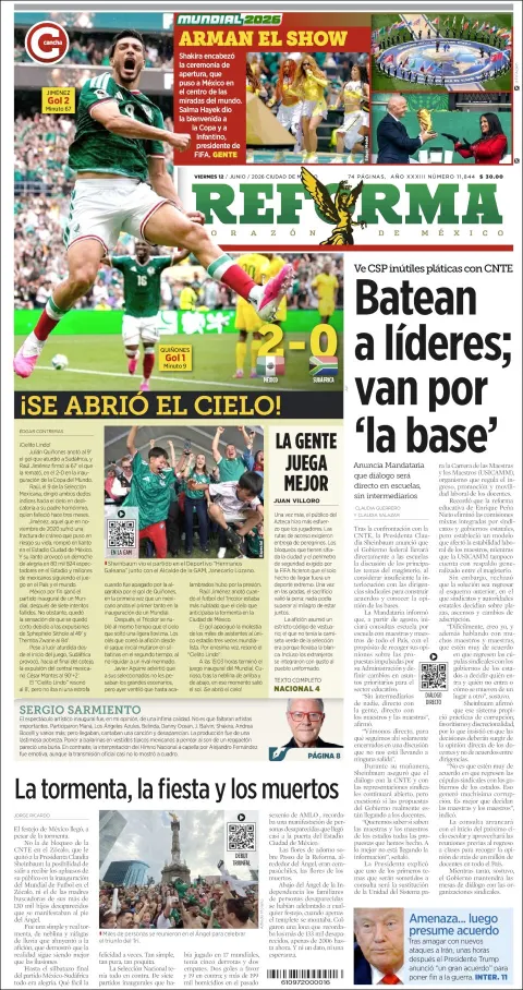 Portada de Reforma del viernes, 12 de junio de 2026
