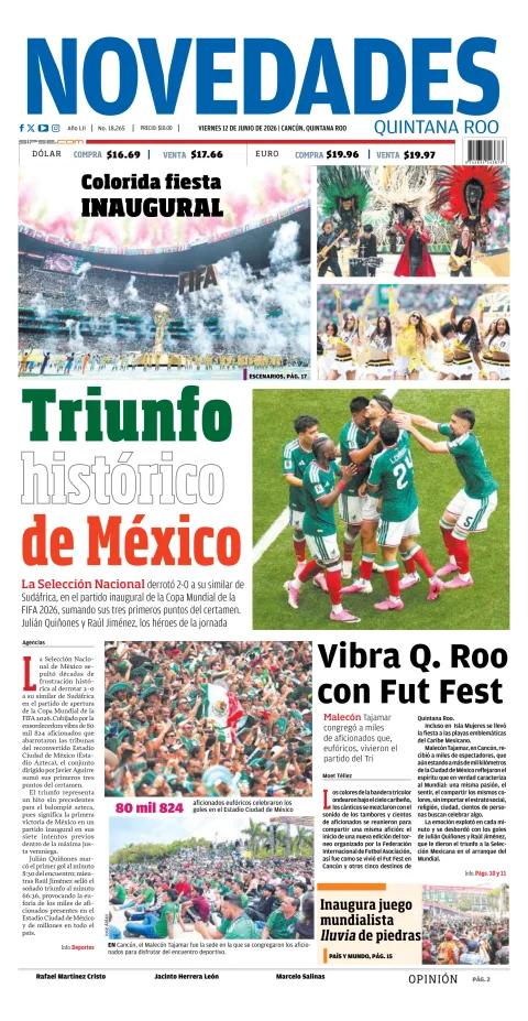 Portada de Novedades Quintana Roo del viernes, 12 de junio de 2026
