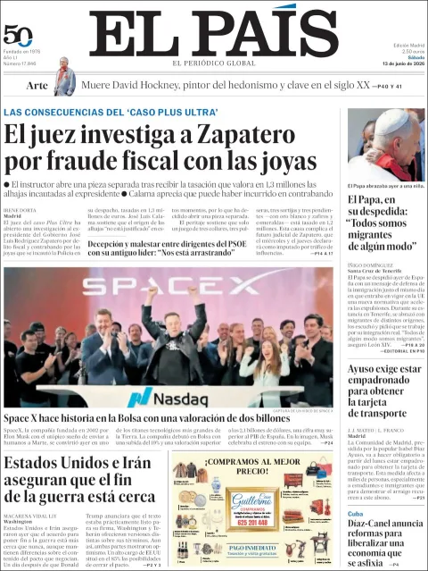 Portada de El Pais del sábado, 13 de junio de 2026