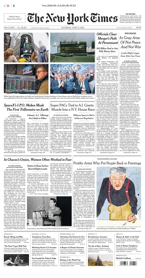 Portada de The New York Times (national) del sábado, 13 de junio de 2026