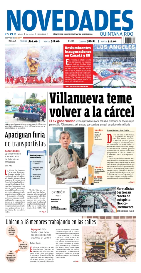 Portada de Novedades Quintana Roo del sábado, 13 de junio de 2026