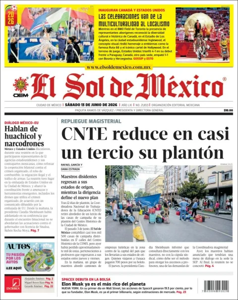 Portada de El Sol de Mexico del sábado, 13 de junio de 2026