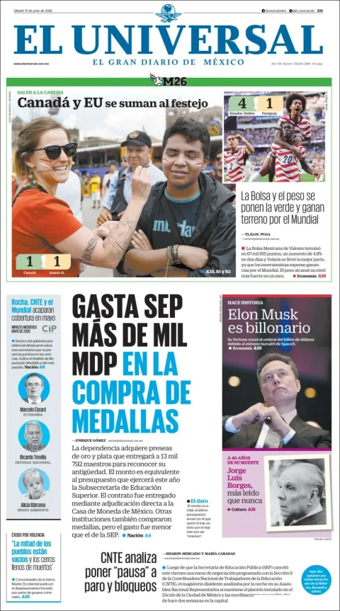 Portada de El Universal del sábado, 13 de junio de 2026