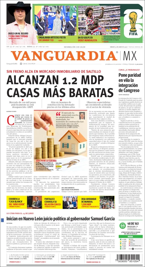 Portada de Vanguardia del sábado, 13 de junio de 2026