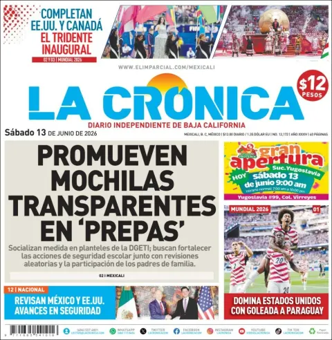 Portada de La Cronica del sábado, 13 de junio de 2026