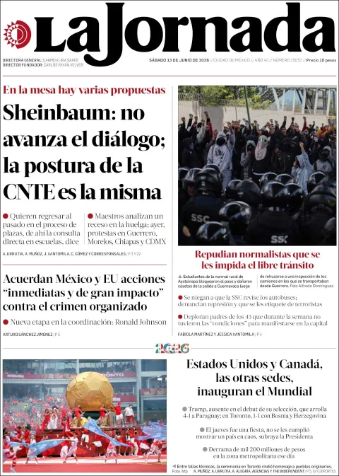 Portada de La Jornada del sábado, 13 de junio de 2026